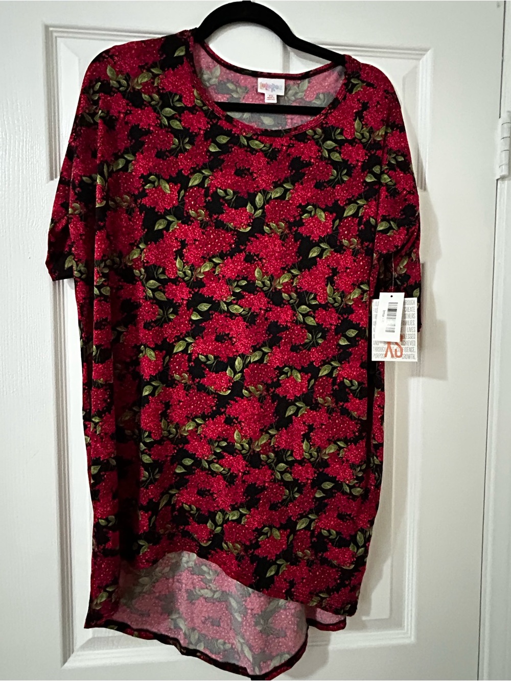LuLaRoe Red Floral Scoop Neck Tunic with Green Leaf Accents